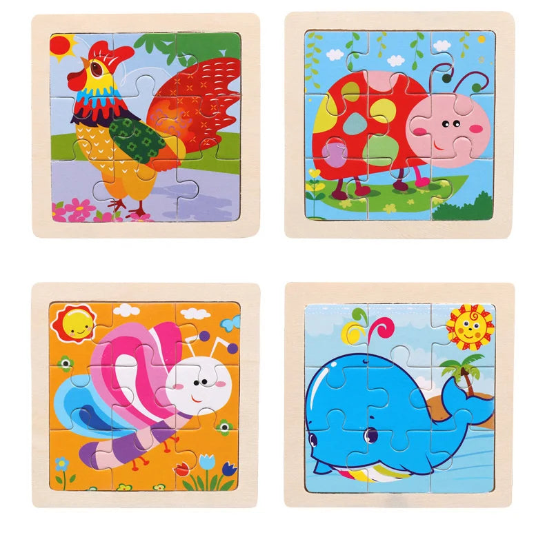Three wooden jigsaw puzzles featuring a colorful dinosaur, a red ladybug, and a pink hedgehog, and a blue whale.