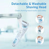 A detachable and washable shaving head is shown being used on a device, with close-ups of the components.
