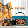 A yellow magnetic engineering car robot building blocks toy set with various attachments displayed on a white surface.