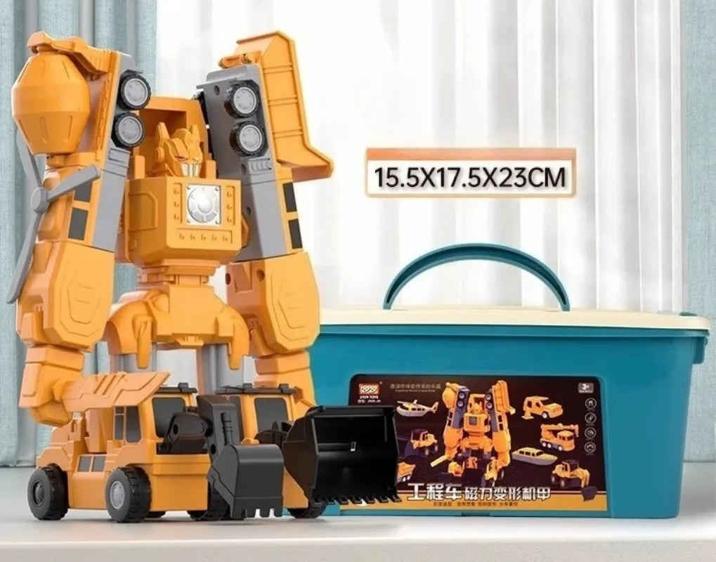A yellow magnetic engineering car robot building blocks toy set with various attachments displayed on a white surface.