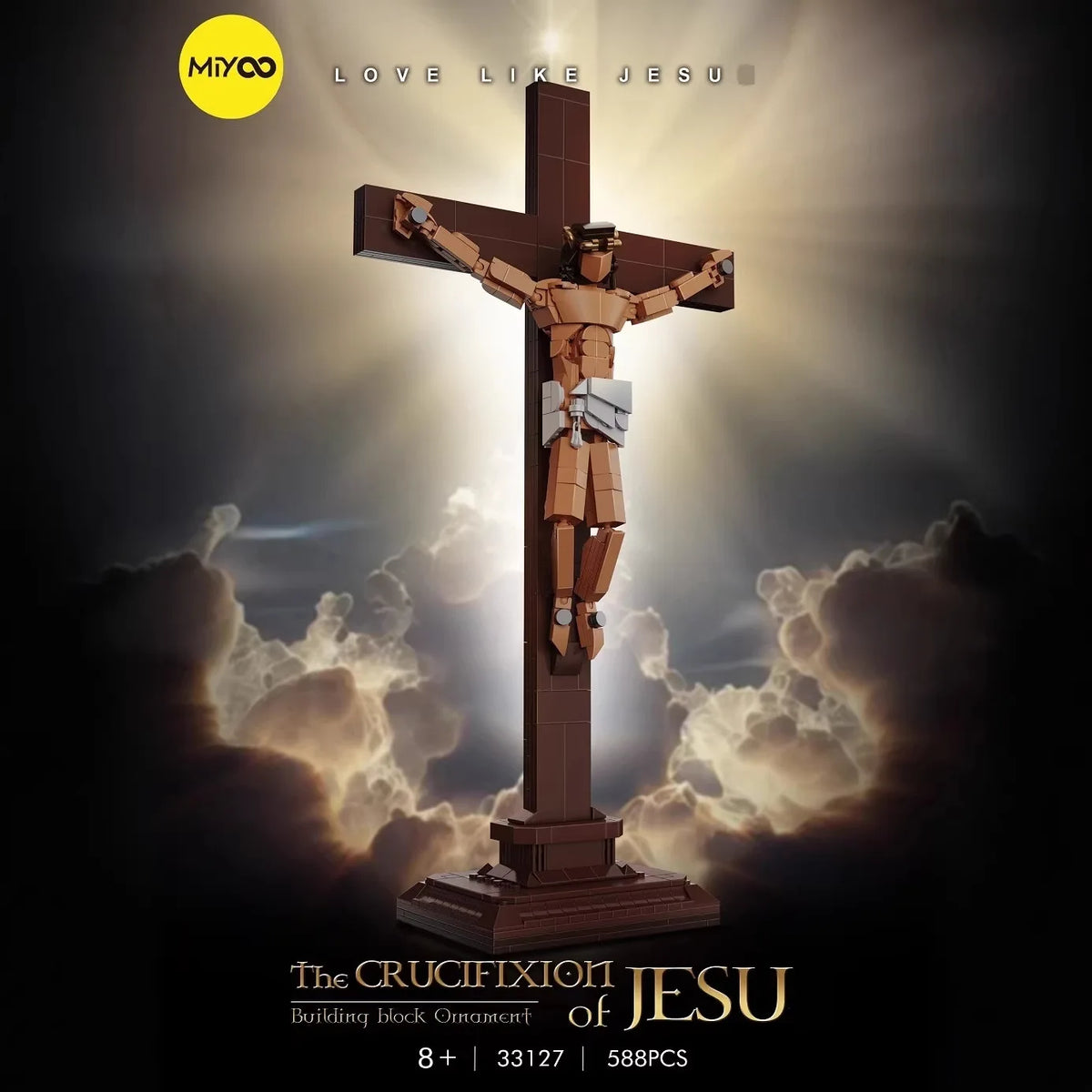 A brown wooden crucifix sculpture of Jesus Christ built from interlocking blocks against a cloudy background.