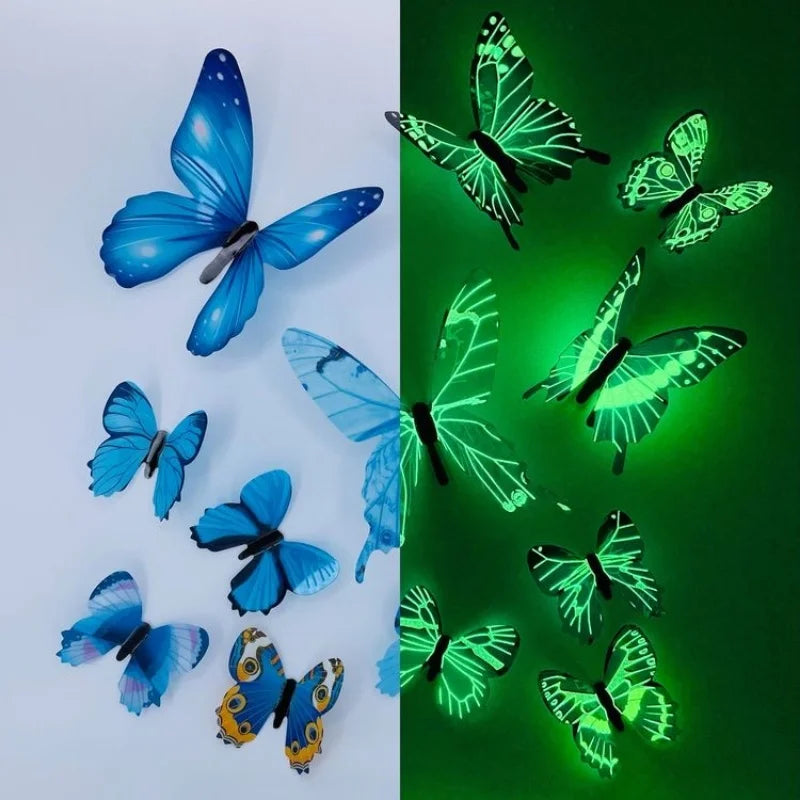 Sammlung leuchtender 3D-Schmetterlings-Wandaufkleber in Blau- und Grüntönen auf weißem Hintergrund