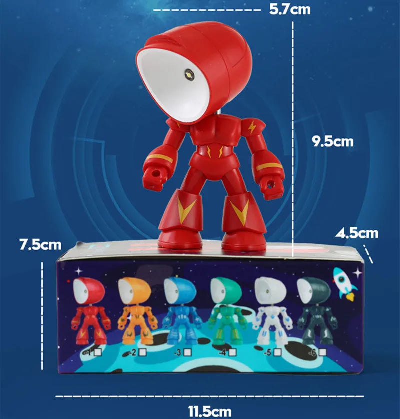 A red cartoon hero police night light with various colored figures and distance markers.