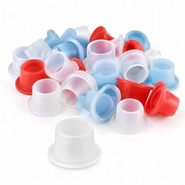 A collection of various colored flexible silicone thread seal sleeves for faucets and shower hoses.