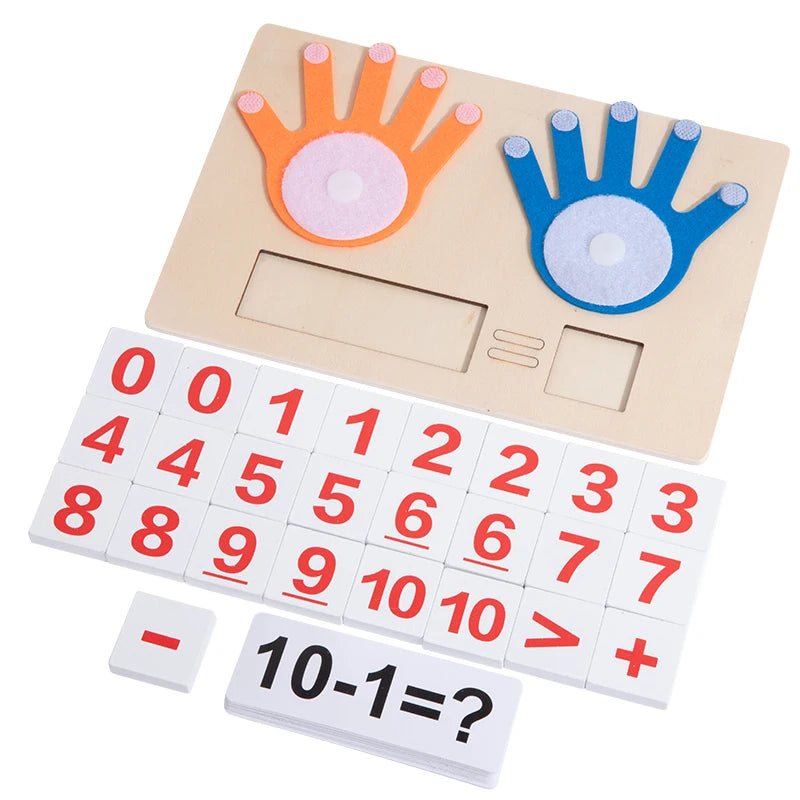 A wooden finger counting number learning toy featuring a handprint and a number grid with mathematical symbols.