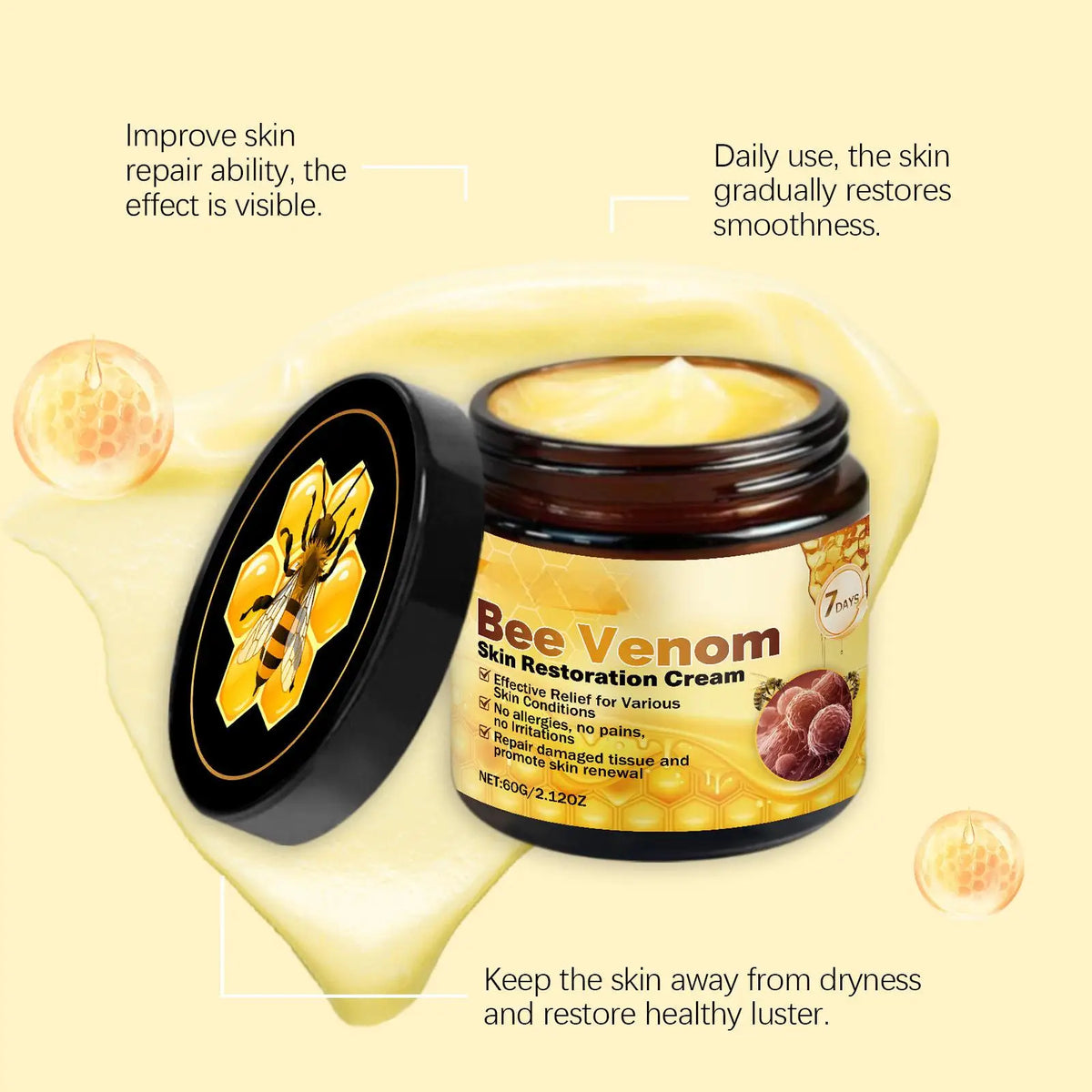 Jar of Bee Venom Skin Restoration Cream with yellow product and surrounding cream texture.