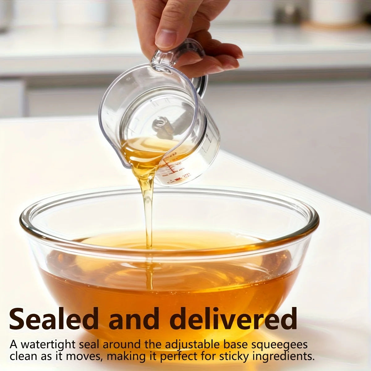 A hand pours oil from a glass measuring cup into a bowl, demonstrating the sealed and delivered feature for sticky ingredient