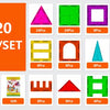 A collection of magnetic building blocks tiles in various shapes and colors, including triangles, squares, rectangles, and ar
