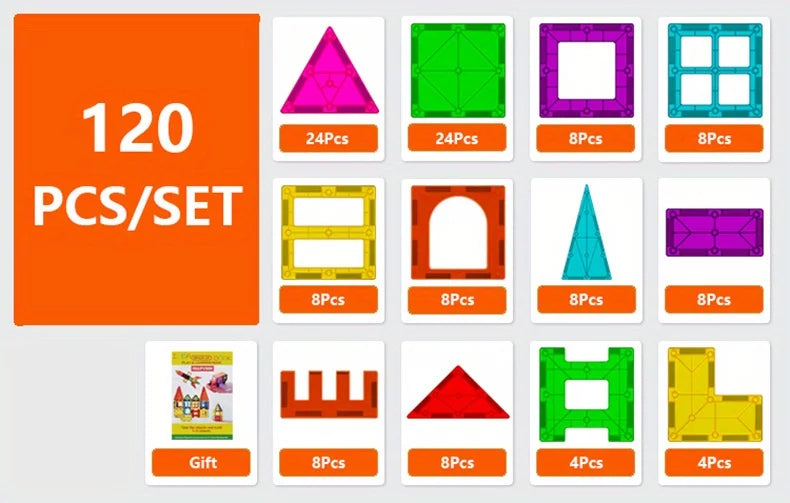 A collection of magnetic building blocks tiles in various shapes and colors, including triangles, squares, rectangles, and ar