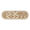 A light wood-toned digital wall clock displaying the time 12:35, temperature, and day of the week.