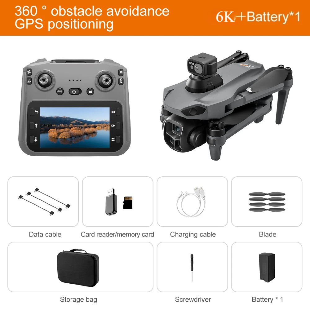 A collection of accessories for a 360 degree obstacle avoidance GPS positioning drone, including the main body, data cable, s