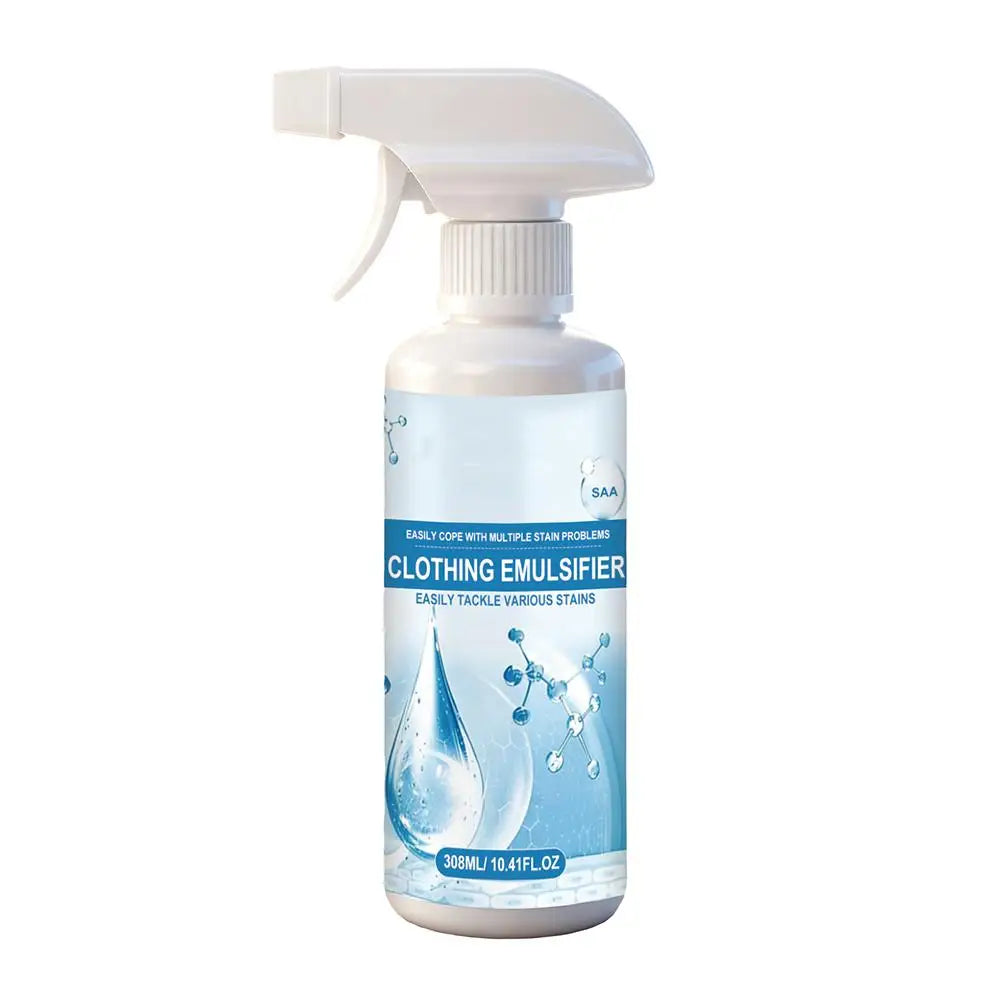 A white spray bottle of clothing emulsifier with a pump dispenser and a blue label.