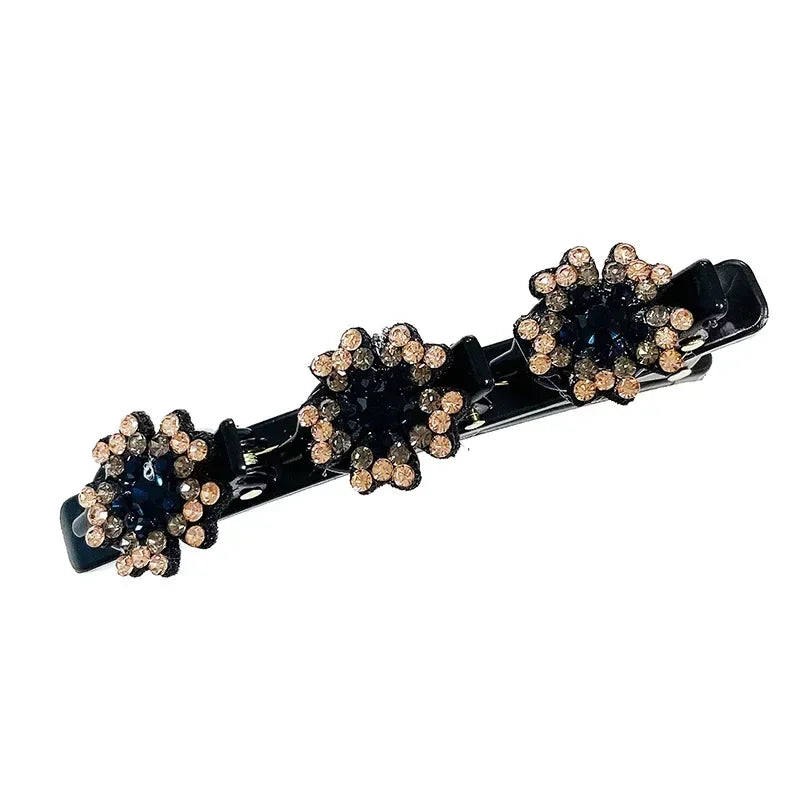 Clip de pelo negro trenzado de doble capa con adornos florales dorados
