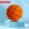 A mute ball-striped orange basketball resting on a light blue circular stand.