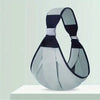 A soft cotton baby ring sling carrier in gray and black is displayed on a white surface.