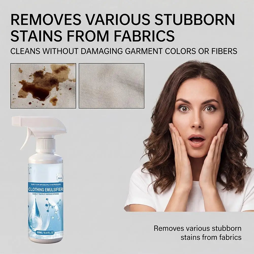 A bottle of clothing stain remover spray is shown next to a woman, demonstrating its use for removing stubborn stains from fa