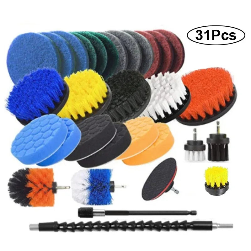 Eine Sammlung von 31 Silikon- und Nylonbohrbürsten in verschiedenen Farben wie Blau, Grün, Gelb, Schwarz, Orange und Weiß.