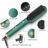 A green hair styling comb with various features including an indicator light, temperature control, and ON/OFF button.
