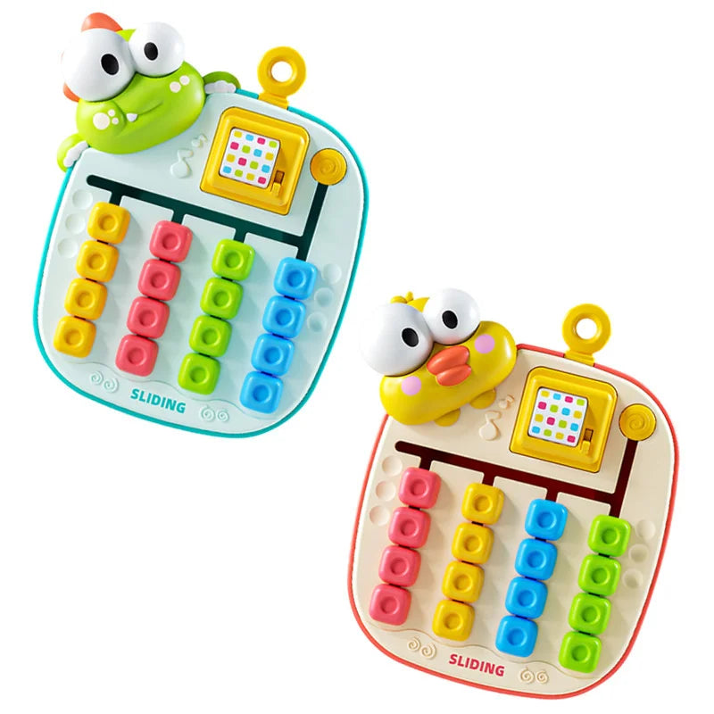 A green and yellow Montessori rolling maze puzzle game with sliding blocks for hand-eye coordination.