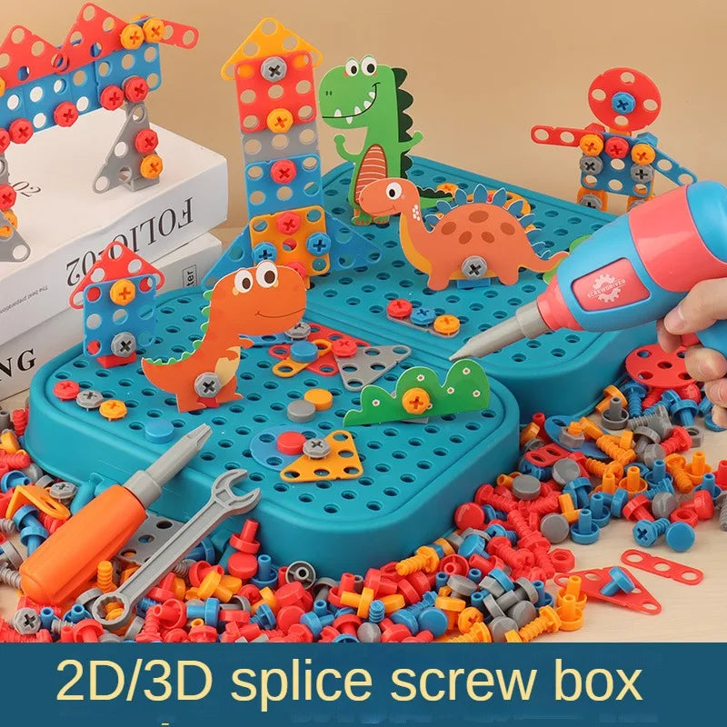 A blue plastic box filled with various colorful pretend play tools and screws for a 2D/3D splice kit.