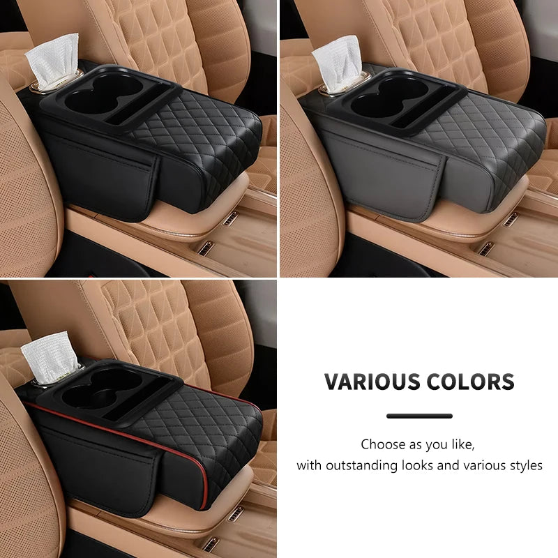 Black car center console organizer with armrest cushion and cup holder shown in various colors.