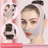 Primer de mujer con mascarilla facial gris en forma de V para corrección y adelgazamiento facial.
