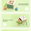 Three Montessori wooden toys showing rich gameplay: a building block box, a throwing stick box, and a coin box.