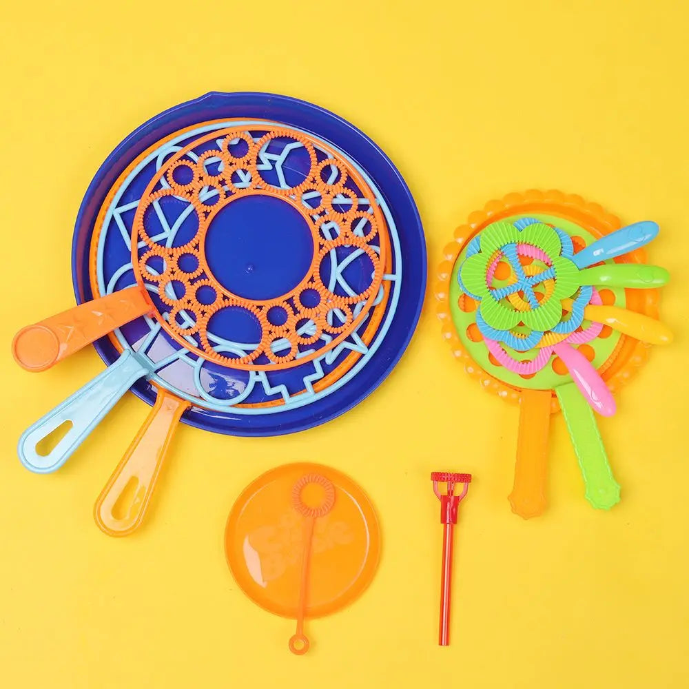 A colorful bubble wand party set with various orange, blue, and green plastic tools on a yellow background.