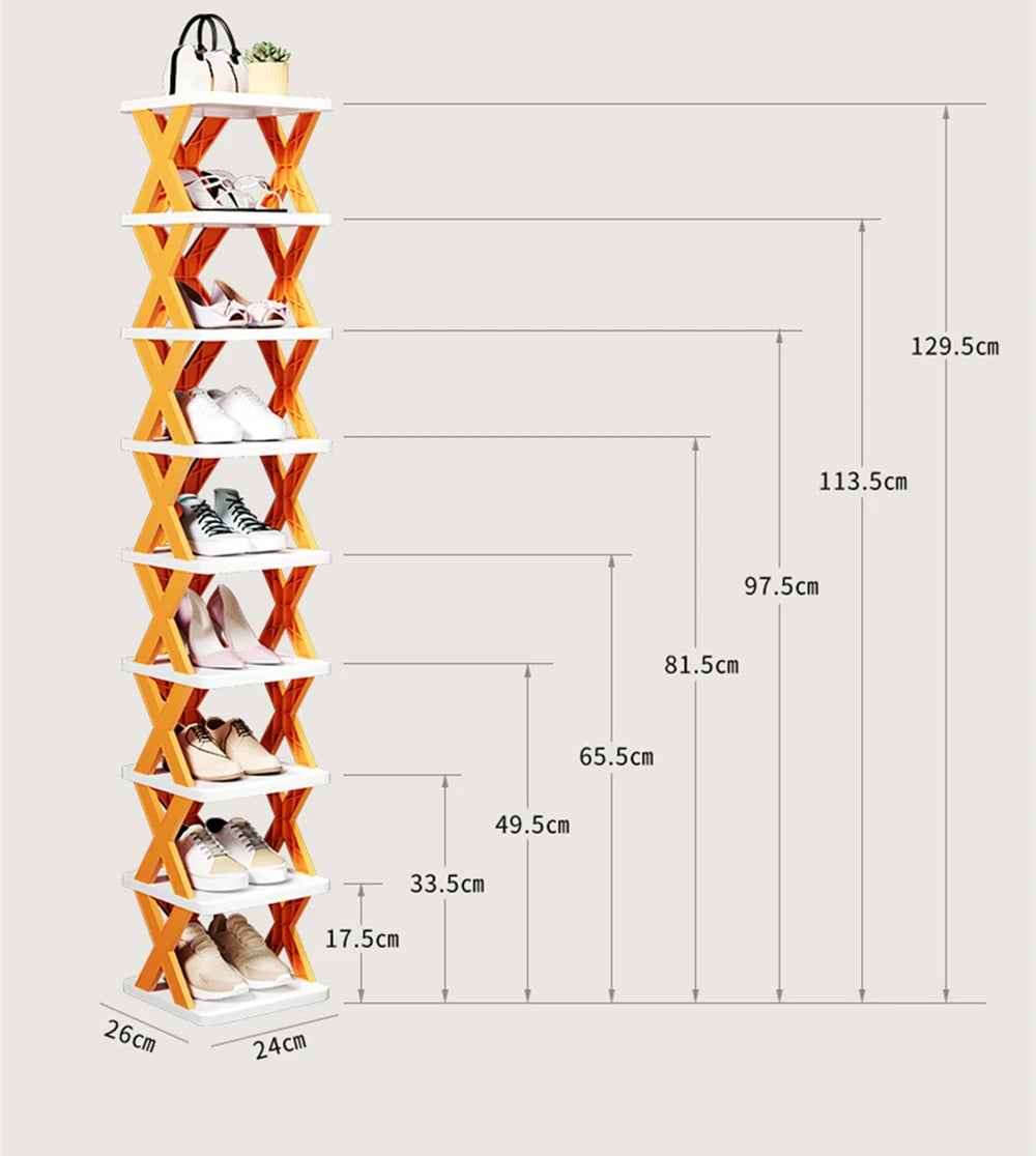 A vertical wooden shoe rack with five stacked tiers for organizing footwear.
