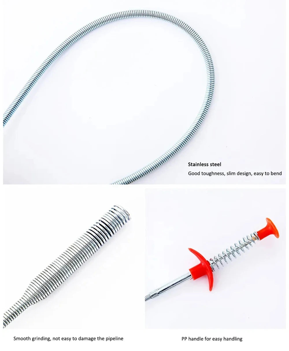 Stainless steel flexible drain snake with a PP handle for easy handling