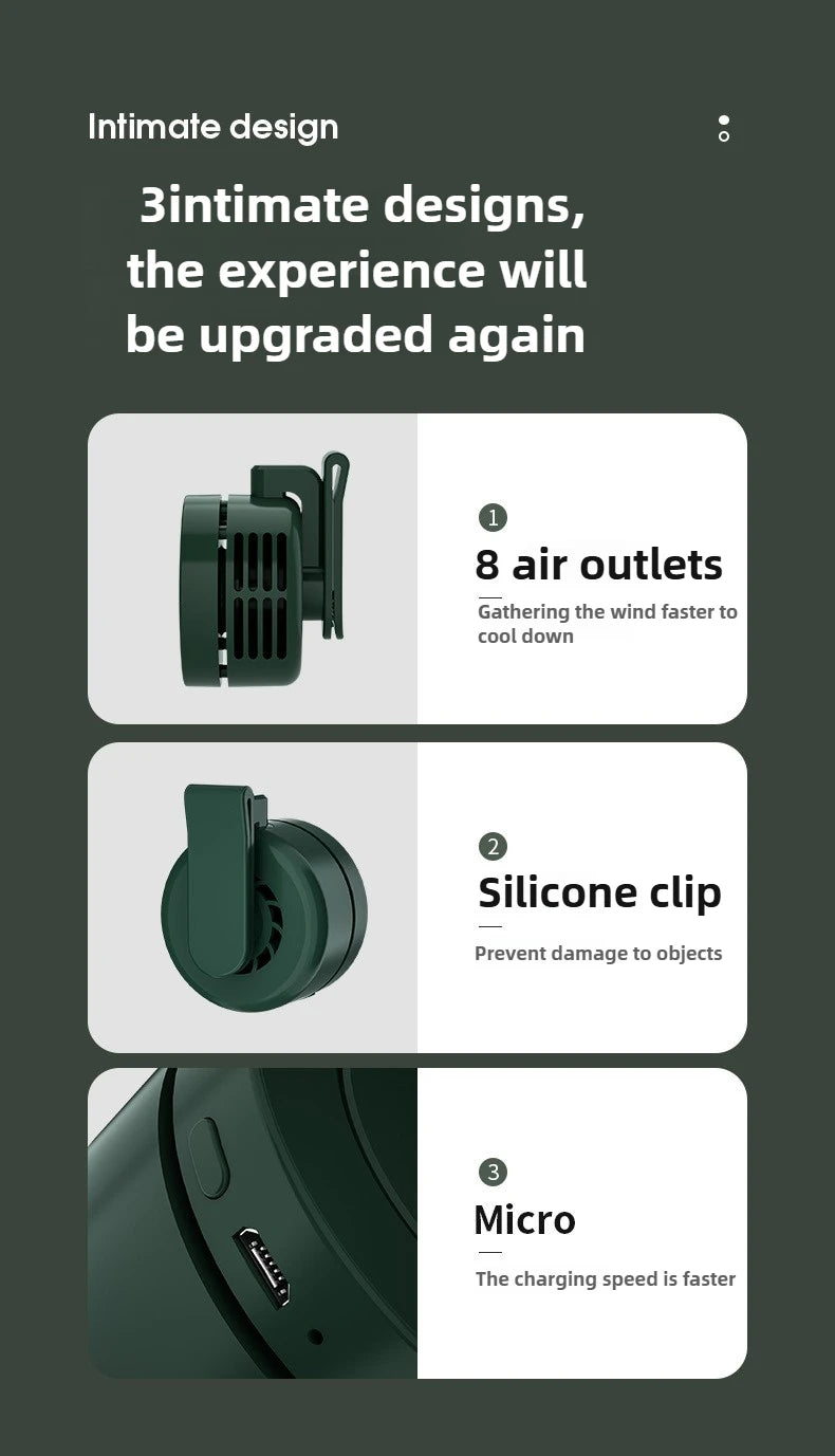 Close-up view of a dark green hands-free mini clip fan showing features like air outlets, silicone clip, and micro charging.