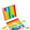 A wooden decimal stick set showing numbers 1 through 10 in various colors, including red, yellow, green, and blue.