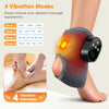 A black vibration ankle massager is shown on a person's foot, demonstrating four vibration modes and four intensity levels.
