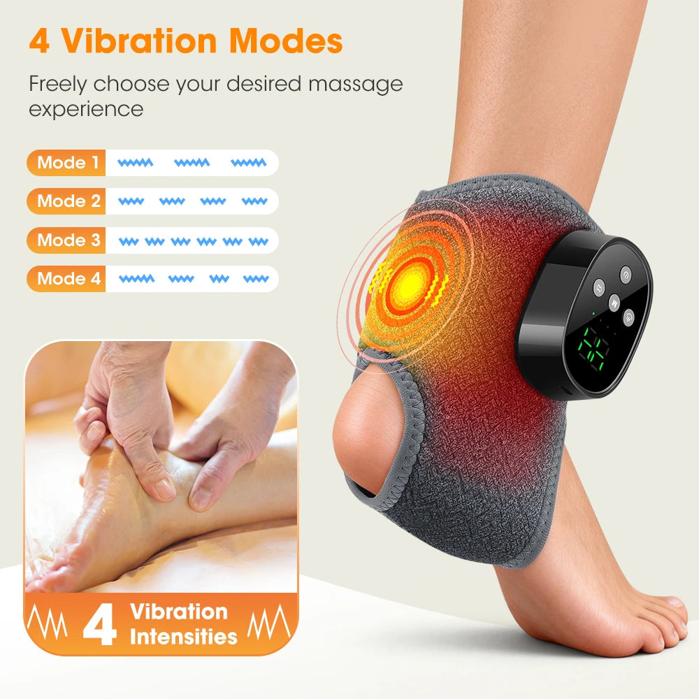 A black vibration ankle massager is shown on a person's foot, demonstrating four vibration modes and four intensity levels.