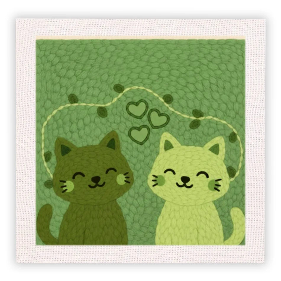 Kit de bordado con aguja mágica de gatos verdes y conejos lindos sobre fondo rosa claro.