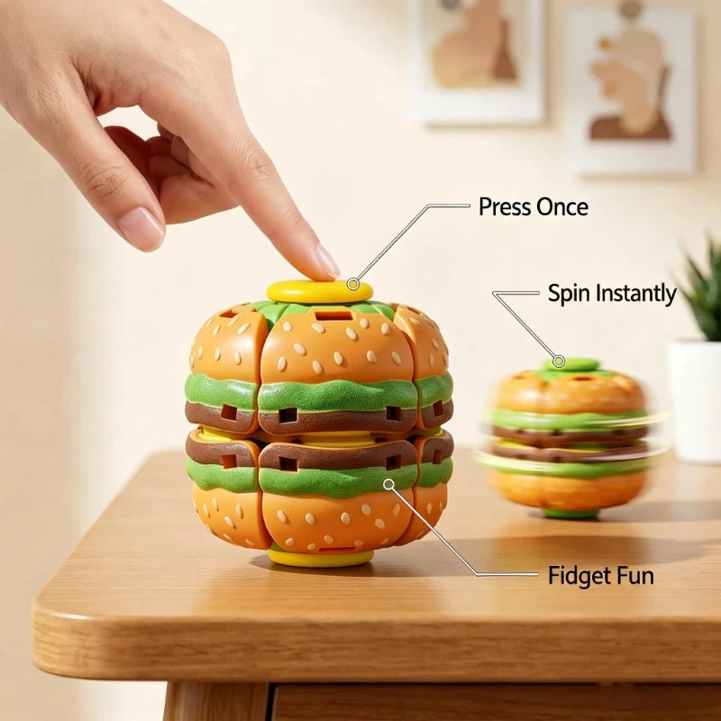 A hand presses a hamburger-shaped fidget ball, demonstrating press once, spin instantly, and fidget fun features.
