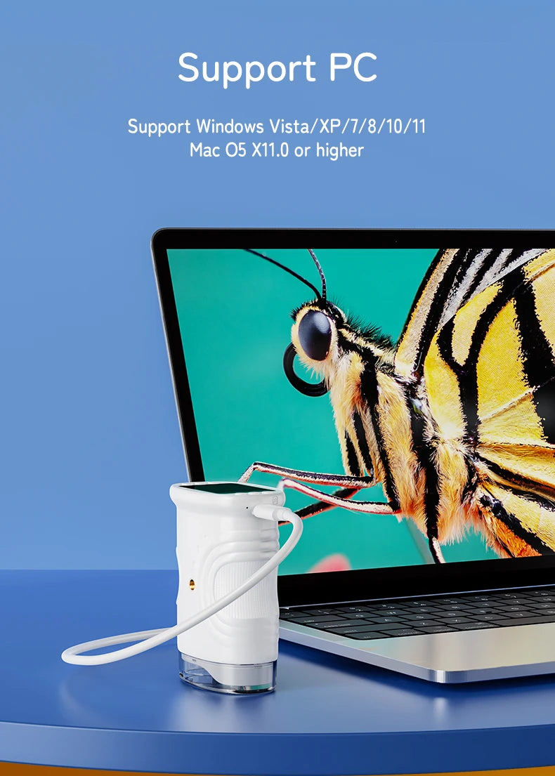 A white handheld digital microscope is shown next to a laptop displaying a close-up image of a butterfly.
