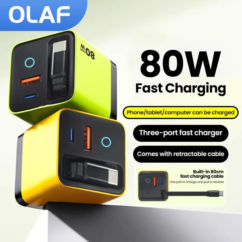 A yellow and black 80W fast charging power bank with a built-in retractable cable.