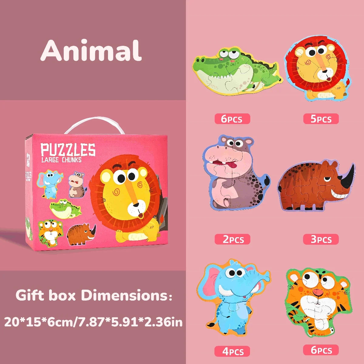 A box of animal puzzles featuring various large chunks of animals like a frog, lion, and tiger for children.