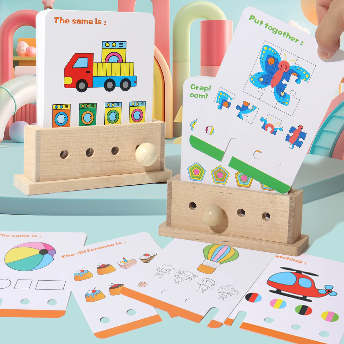 A wooden logic puzzle game for kids featuring puzzles like identifying the same and different items.
