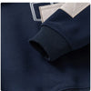 Navy boys denim collar fleece pullover sweatshirt with light beige trim and ribbed cuff