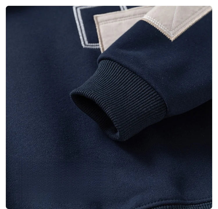 Navy boys denim collar fleece pullover sweatshirt with light beige trim and ribbed cuff