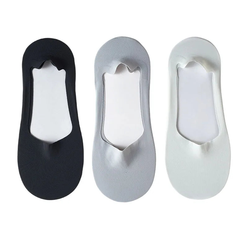 Three pairs of men's no-show socks with silicone grip shown from the top view.
