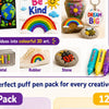 A collection of colorful puff pens and various craft materials like paper, ceramic, metal, rubber, and stone for 3D art proje