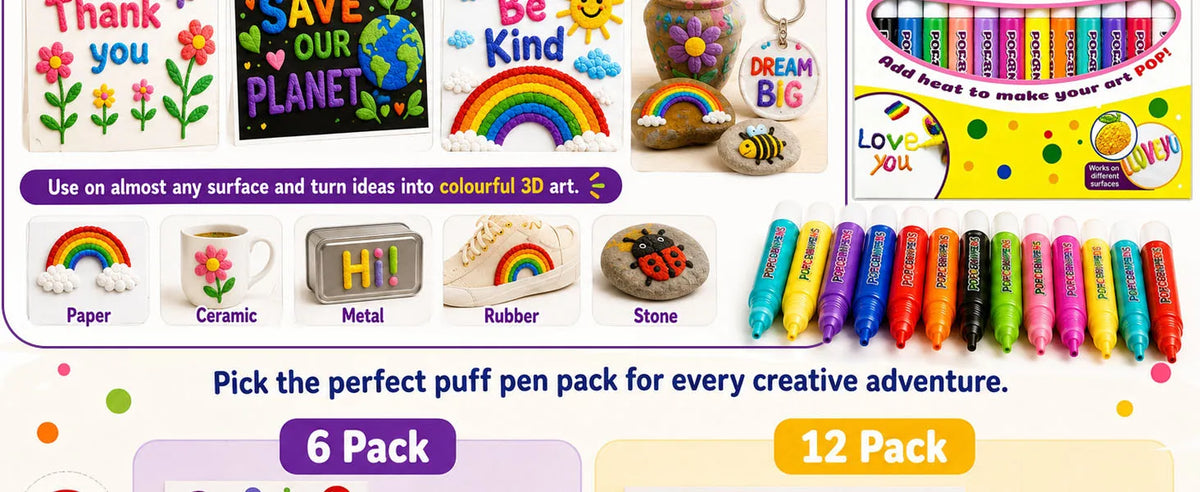 A collection of colorful puff pens and various craft materials like paper, ceramic, metal, rubber, and stone for 3D art proje