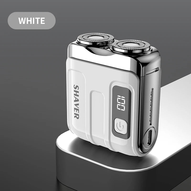 Una afeitadora eléctrica recargable mini USB blanca con pantalla digital sobre una superficie gris.