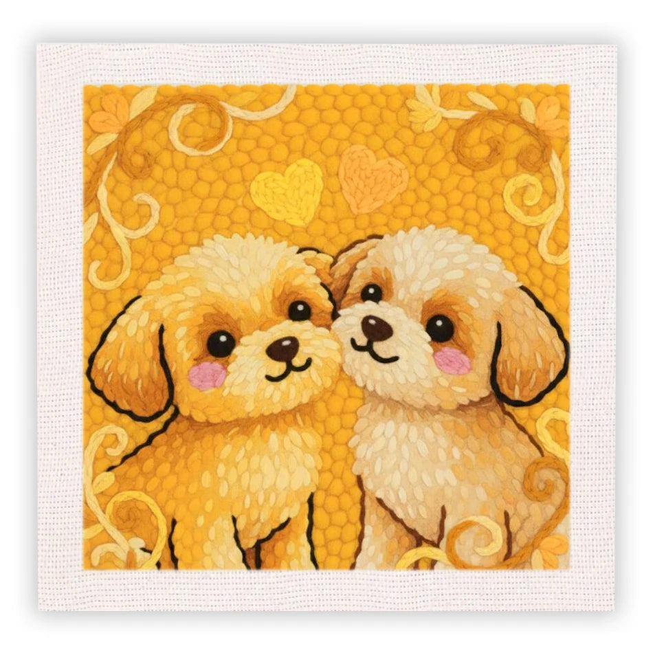 Dos cachorros esponjosos de color amarillo y crema sentados juntos sobre un fondo amarillo, estilo acuarela.