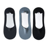 Three pairs of black and gray silicone grip no-show socks shown from the top view.