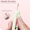 A hand is holding a light green needle threader tool with a red tip, demonstrating its use for removing thread.