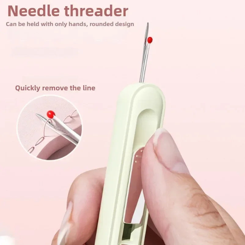 A hand is holding a light green needle threader tool with a red tip, demonstrating its use for removing thread.